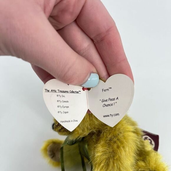 NWT TY Fern 1993 Beanies Attic Treasures Green Plush Jointed Bear 8” - Picture 2 of 3